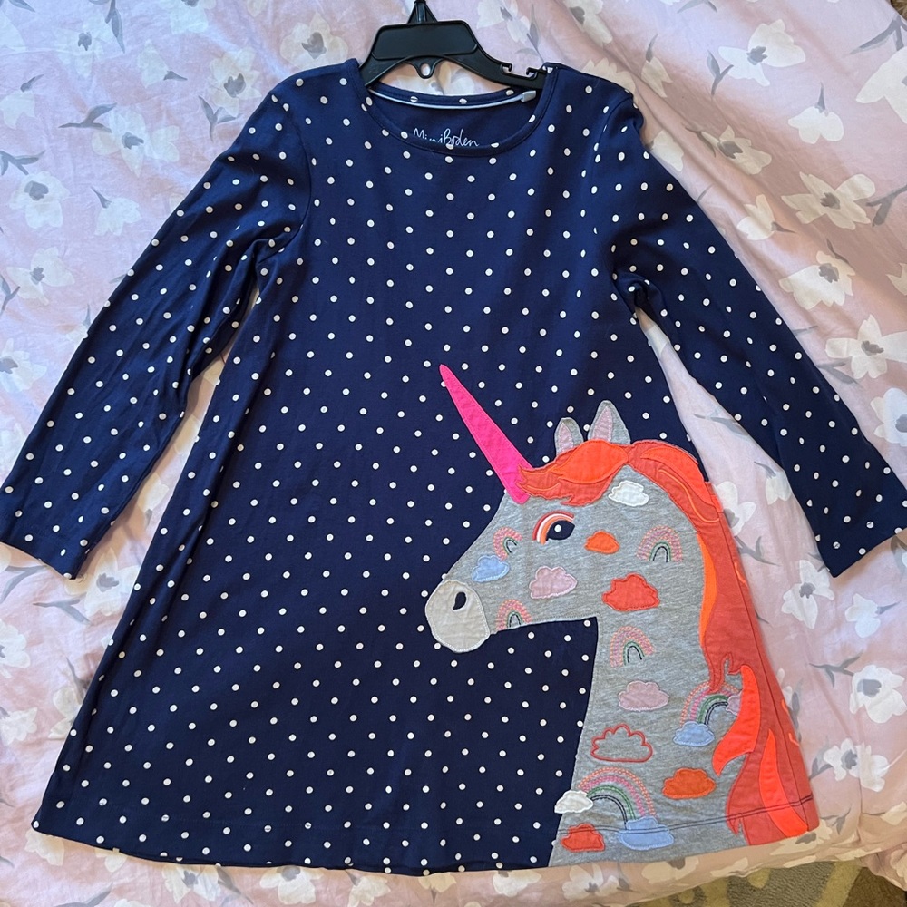 Mini Boden unicorn blue polka dot appliqué dress 6-7 EUC